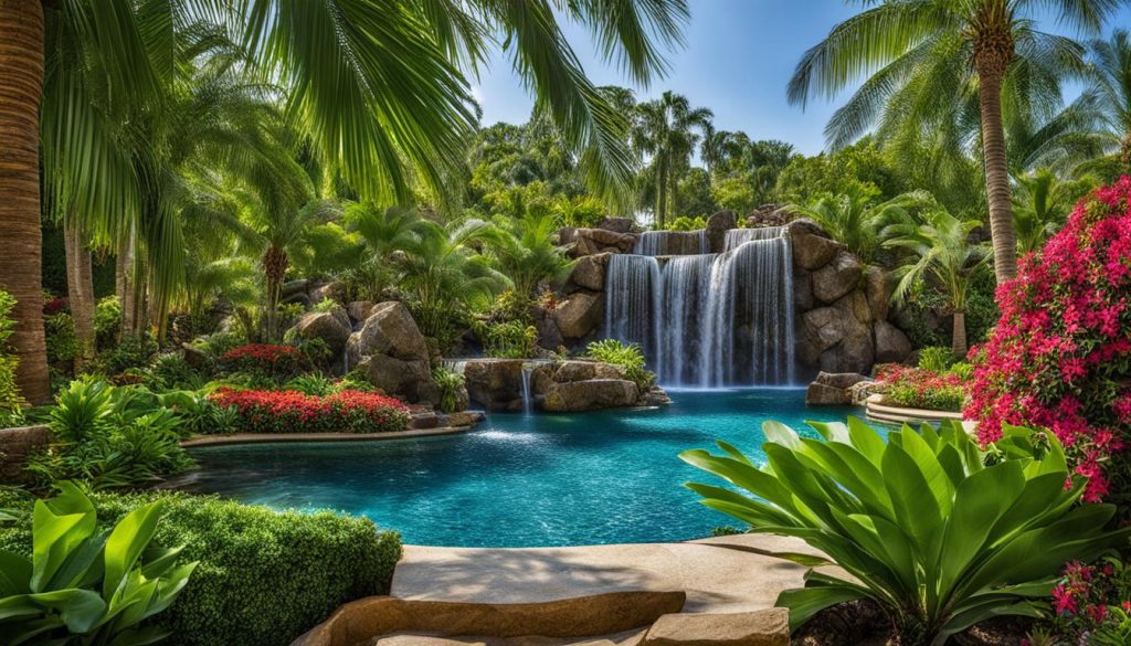 Waterfalls and fountains in a pool